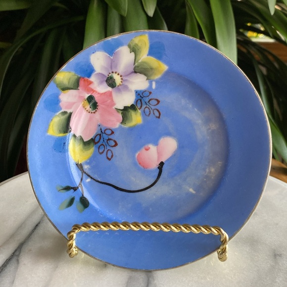Vintage Hand Painted Bird + Floral Serving Cake Plate and 5 Dessert Plates Set - Picture 9 of 11